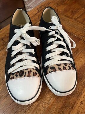Black Leopard Print Lace-Up Sneakers with White Toecaps
